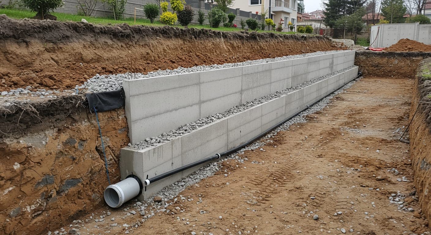 Bağlıca volkanik kolüvyon zemininde geotekstil ve drenaj borusuyla yapılan istinat duvarı