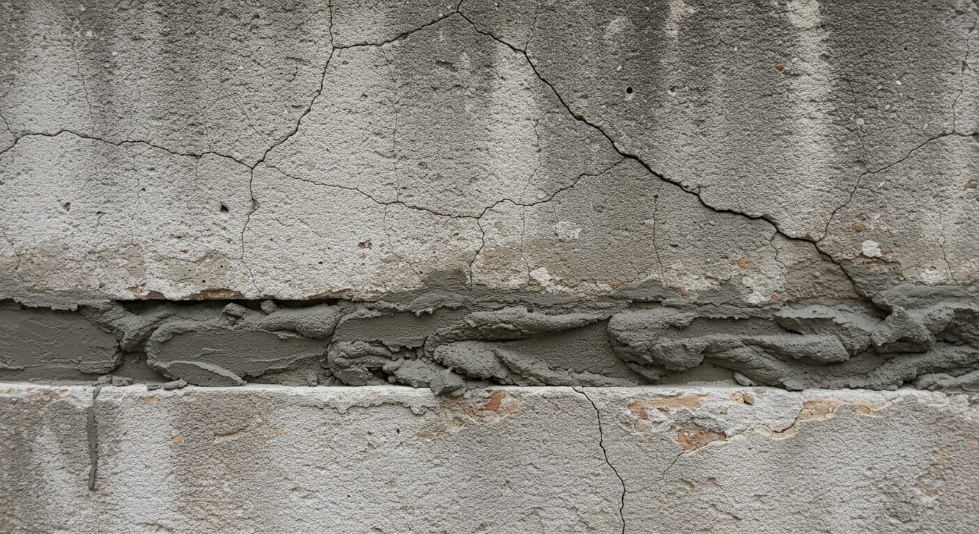 Ankara'da beton bahçe duvarında don-çözülme çatlağı yakın çekim — yüzeyde kılcal çatlaklar ve nem lekesi görünür