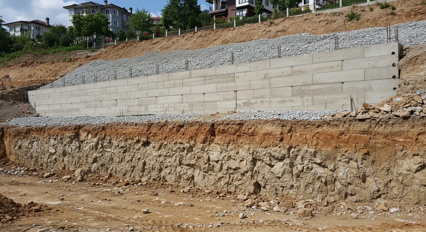 İncek killi kaya zemininde C30 betonlu istinat duvarı yapımı, granüler drenaj dolgusuyla