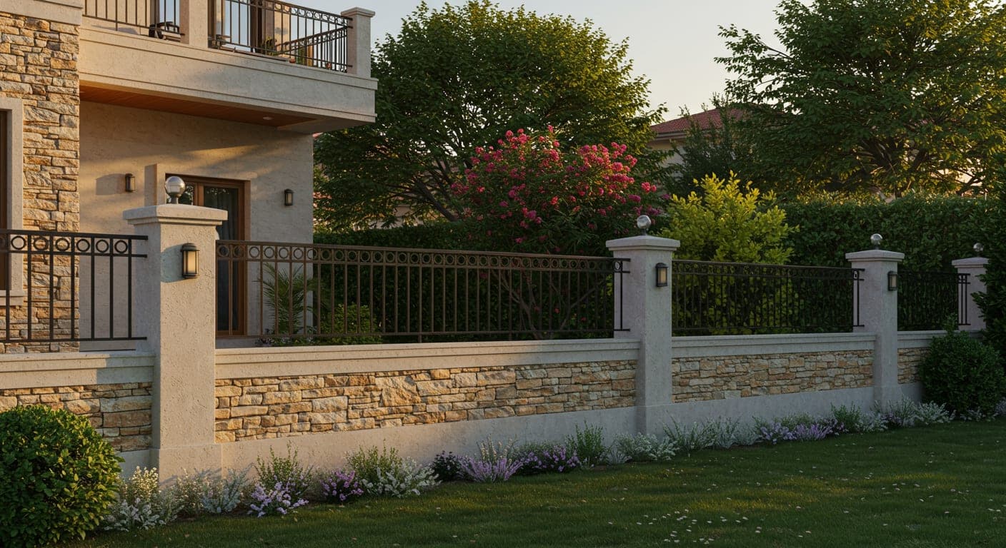 Ankara villa bahçe duvarı ferforje, taş ve gabion