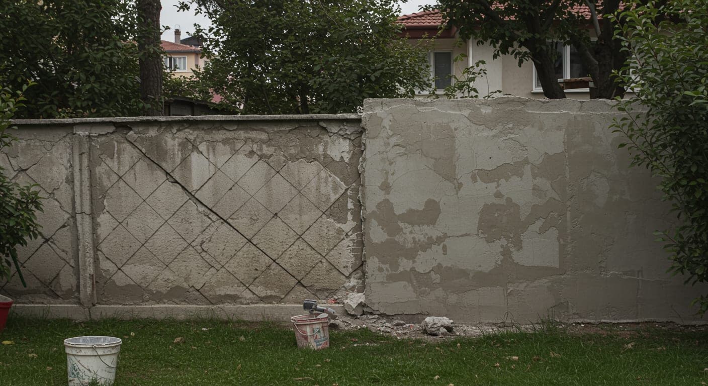 Ankara'da çatlayan eski beton bahçe duvarının onarım çalışması — bir tarafta çatlak yüzey, diğer tarafta yeni sıva ile tamir edilmiş bölüm