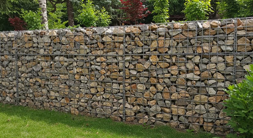 Ankara'da eğimli bir villa bahçesinde inşa edilmiş gabion istinat duvarı — tel kafes ve yuvarlak taş dolgusu