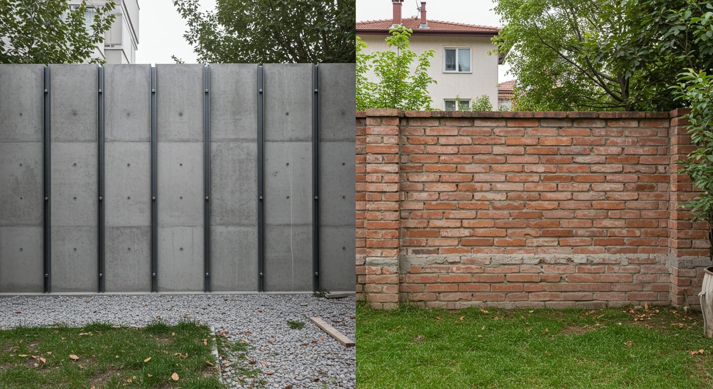 Çelik kalıp pürüzsüz beton duvar ile tuğla bahçe duvarı karşılaştırması yan yana