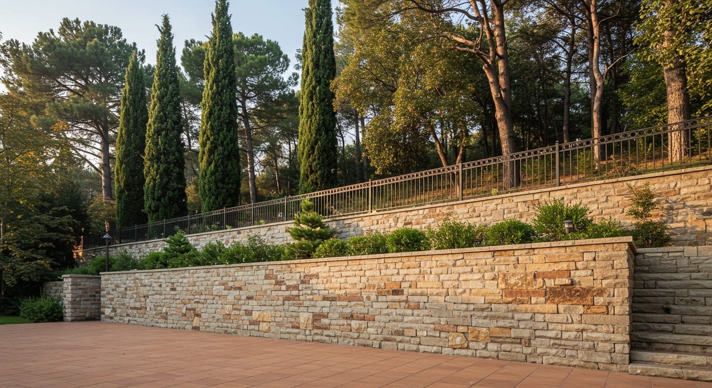 Gölbaşı'nda eğimli villa parseli için taş kaplama bahçe duvarı ve betonarme istinat duvarı