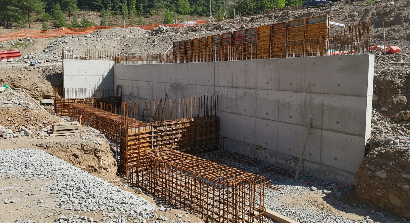 İstinat duvarı yapım aşamaları: kazı çukurunda donatı kafesi ve tamamlanan beton duvar bölümü