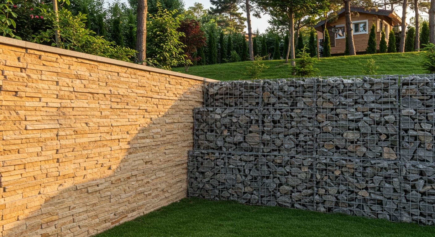 Ankara'da doğal taş kaplama bahçe duvarı ve gabion istinat duvarı, villa bahçesi ortamı